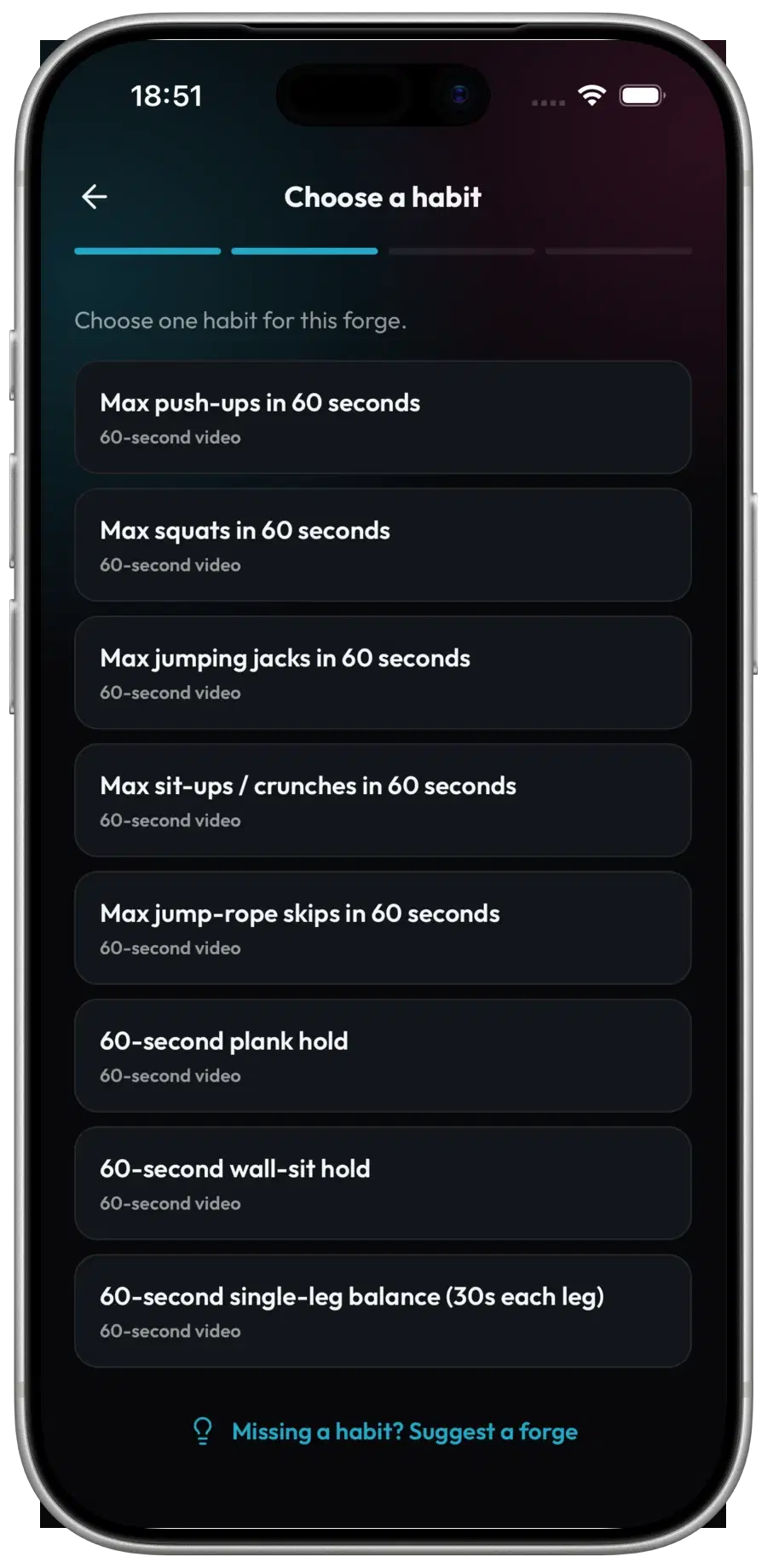 Forge habit picker - provable habits across fitness, nutrition, focus and routine.