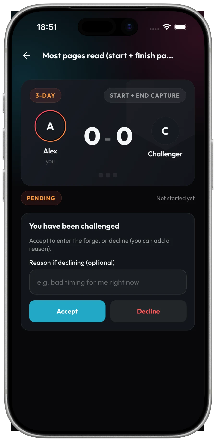 Habit duel screen with the daily scoreboard and an invitation to accept or decline