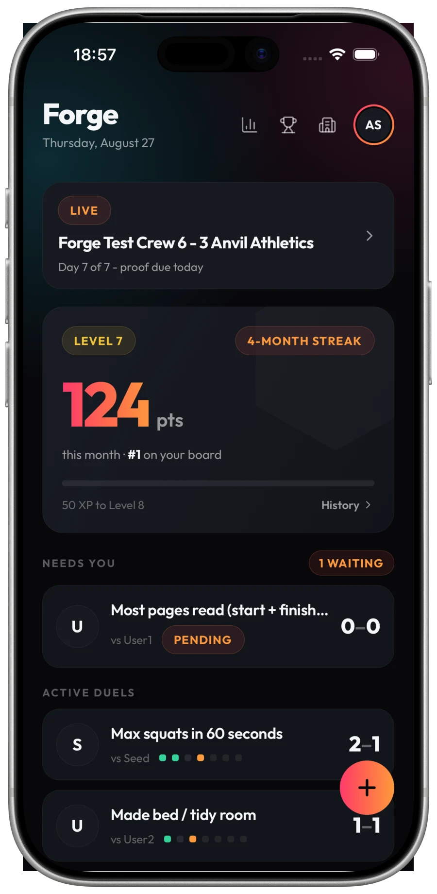 Forge home screen showing a live team clash, monthly points and active habit duels