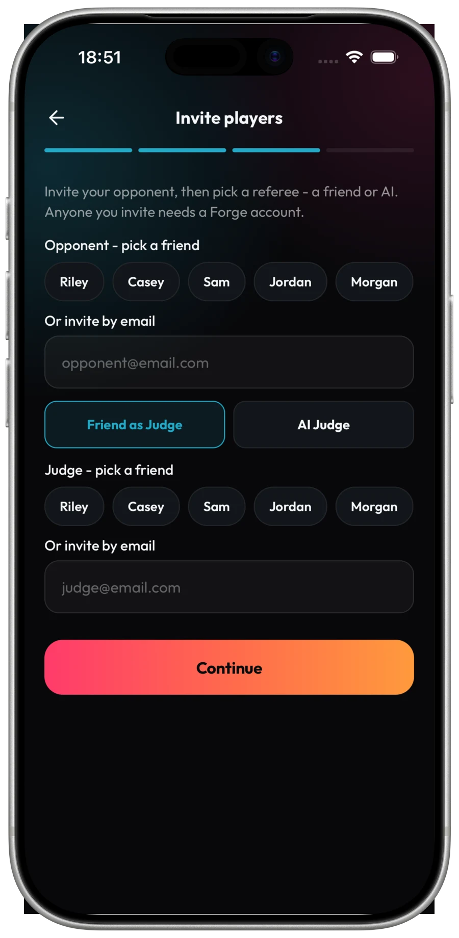Invite screen for choosing an opponent and a referee, either a friend or the AI judge