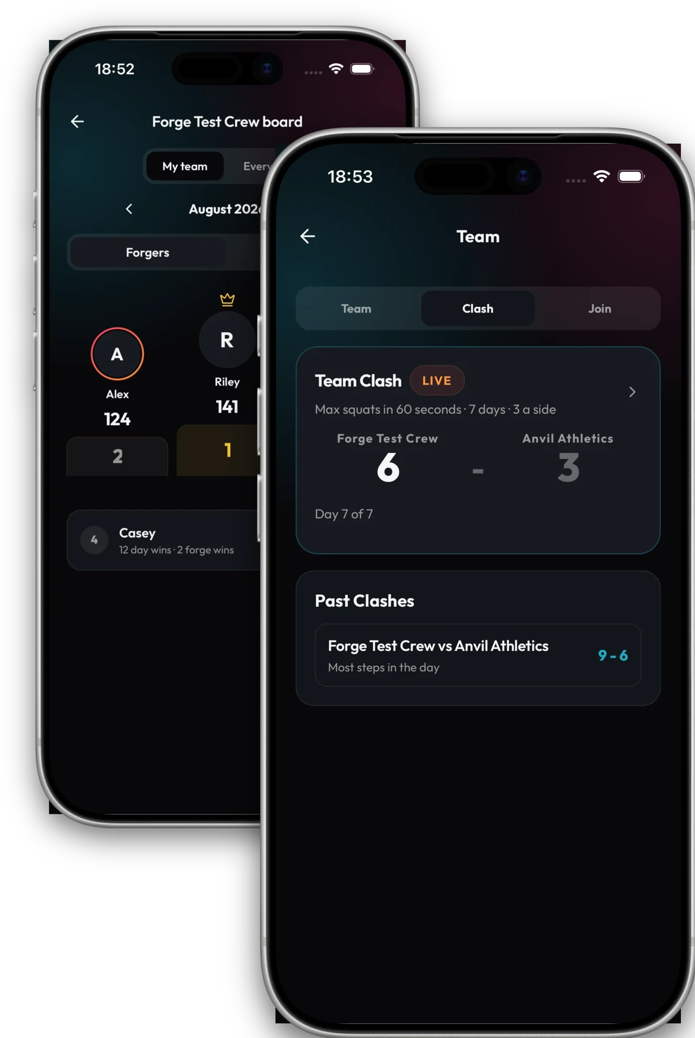 Forge - a live team clash scoreboard next to the private team leaderboard